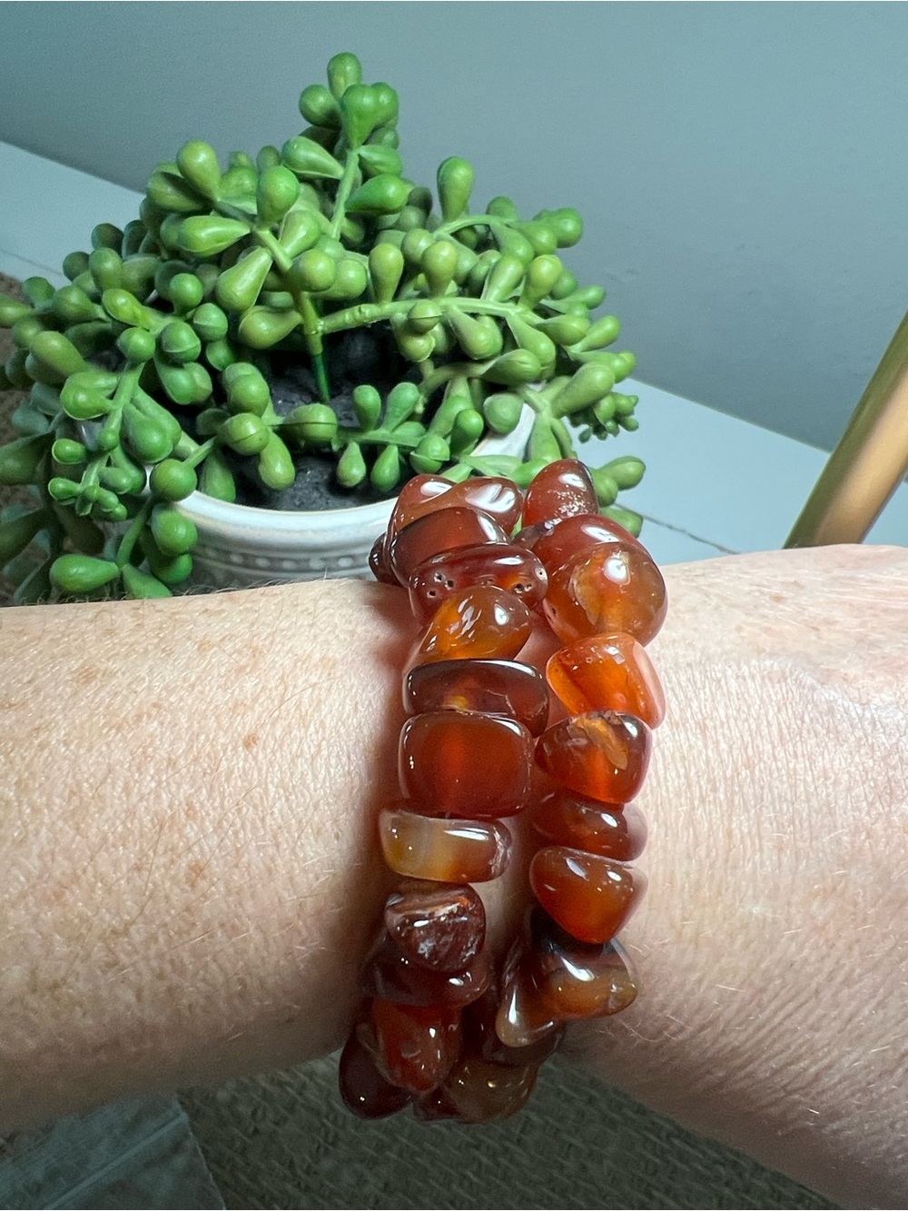 Polished Amber-colored memory wire Bracelet. Handmade red/orange Stone Jewelry.